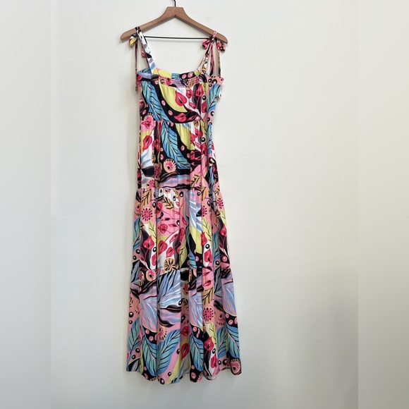 Hale Bob Elbise maxi Dress XS Tropical Floral Tiered Bow Button Down Colorful - Picture 12 of 15